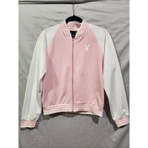 Playboy Track Jacket Large Pink White Zip Up Y2K Bunny Logo Bomber